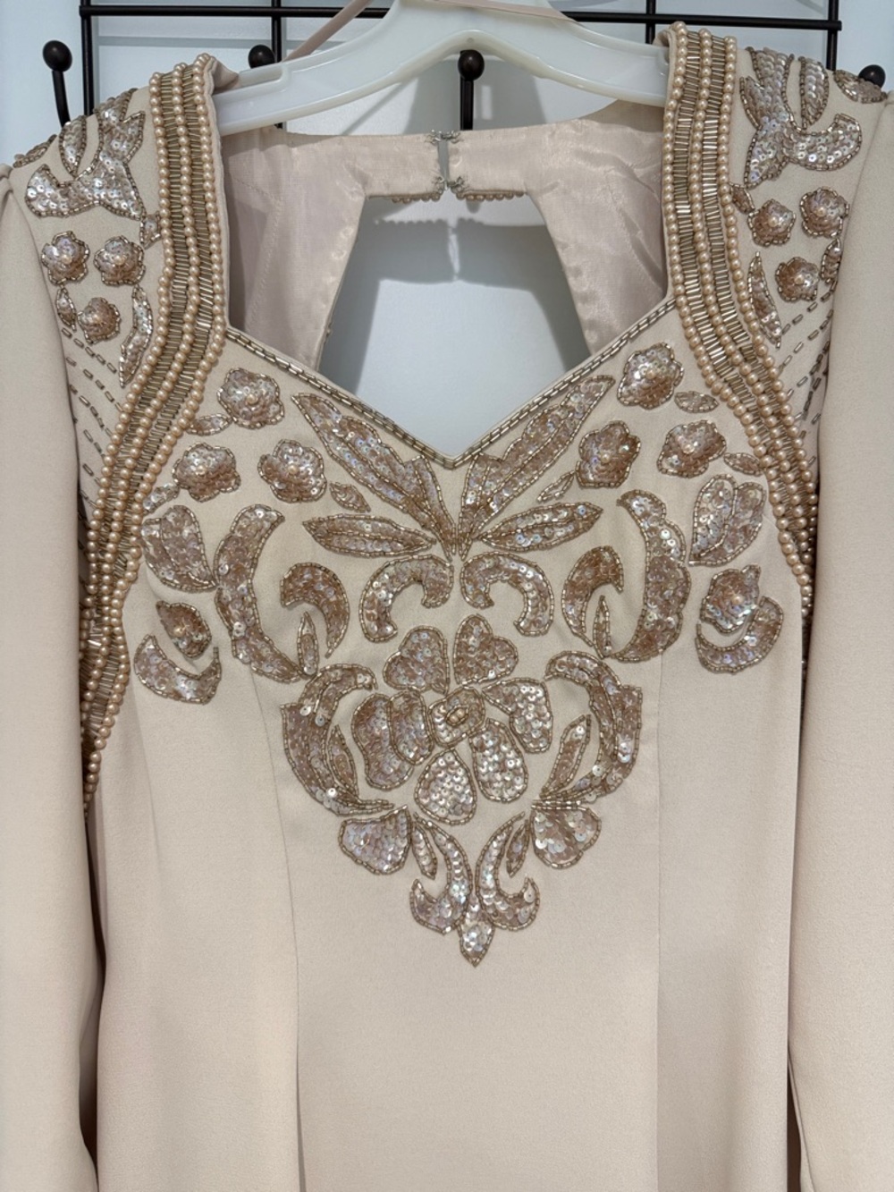 Vintage Michaelangelo Cream Long Sleeve Evening Gown with Gold Embellishment